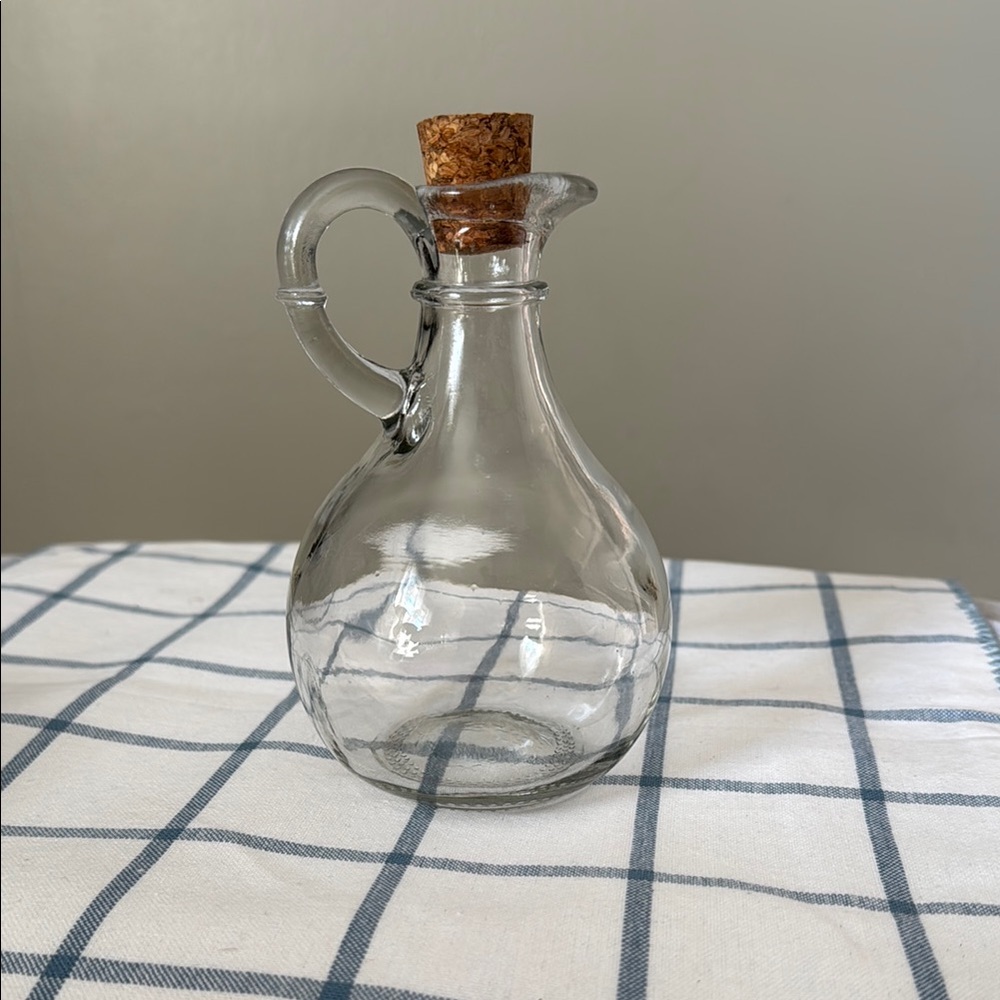 Glass Oil Dispenser with Cork Stopper, vintage pressed, wavy glass